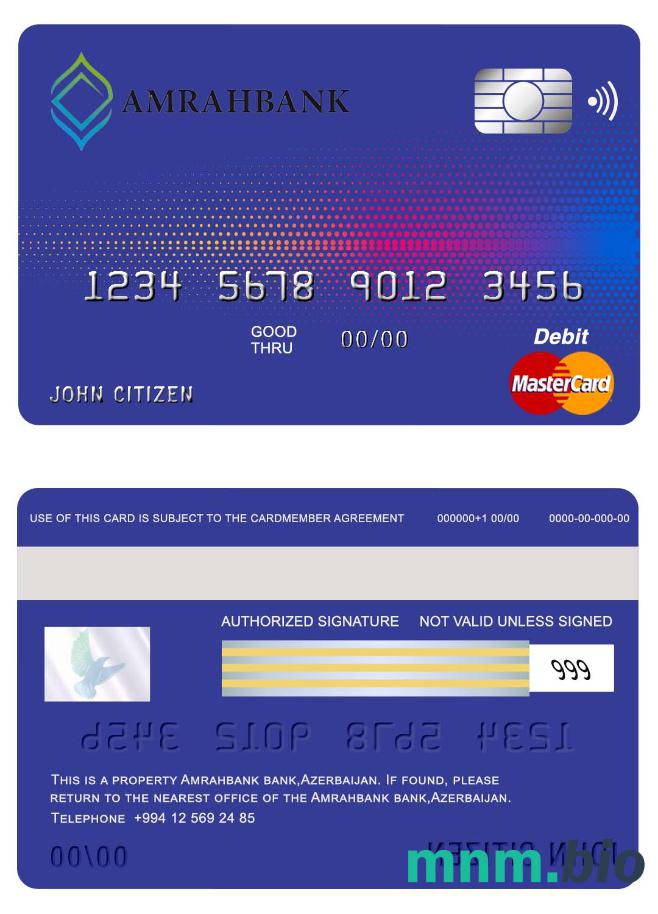 Azerbaijan Amrahbank przykład karty mastercard w formacie PSD
